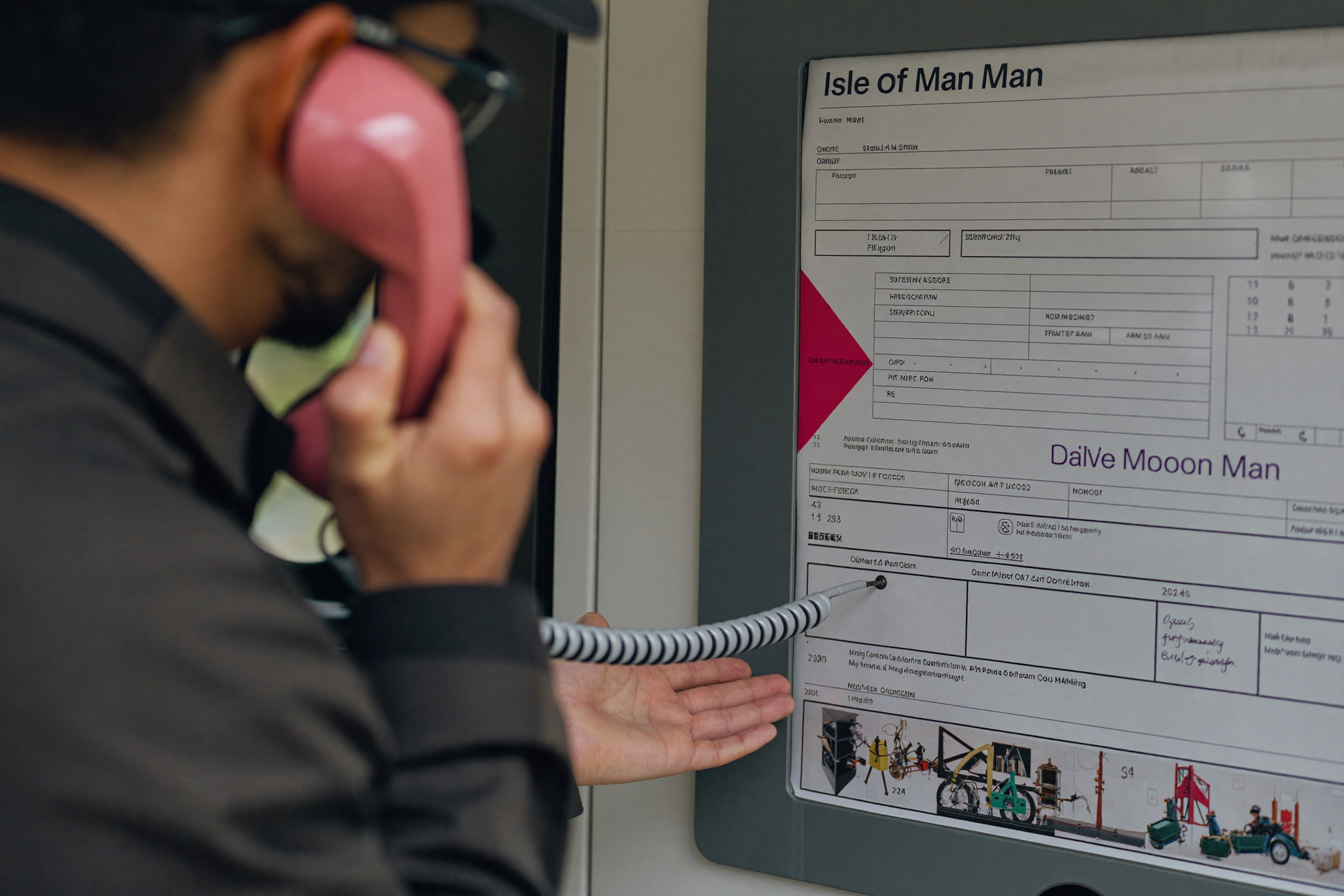 A tradesperson checking a phone in a work van