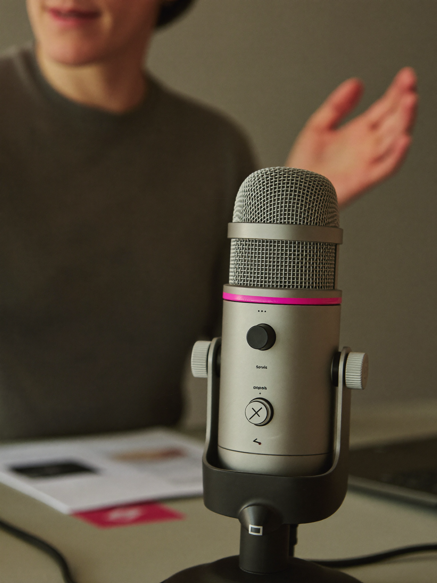 A broadcast microphone, a conversation in progress
