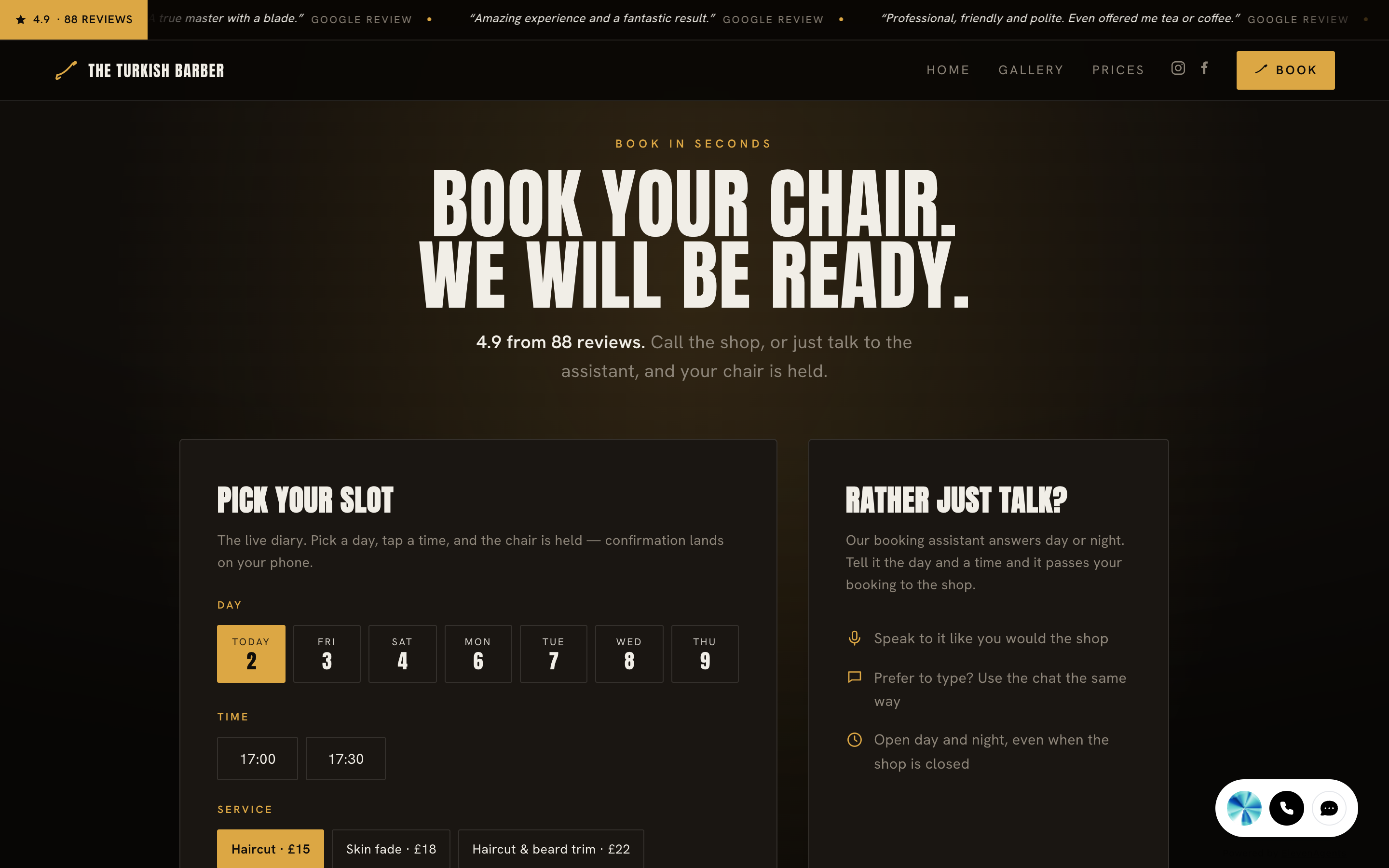 Booking page from a factory-built barbershop site — a live day-and-time diary next to a 'rather just talk?' voice assistant panel