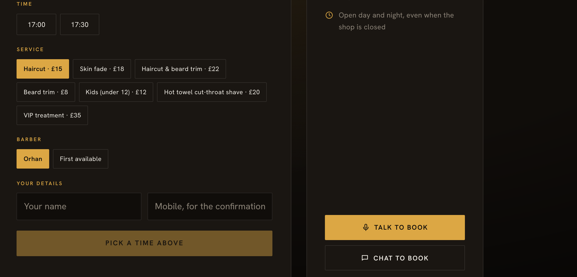 The booking form of a factory-built barbershop site — services with prices, a barber picker, and talk-to-book and chat-to-book buttons