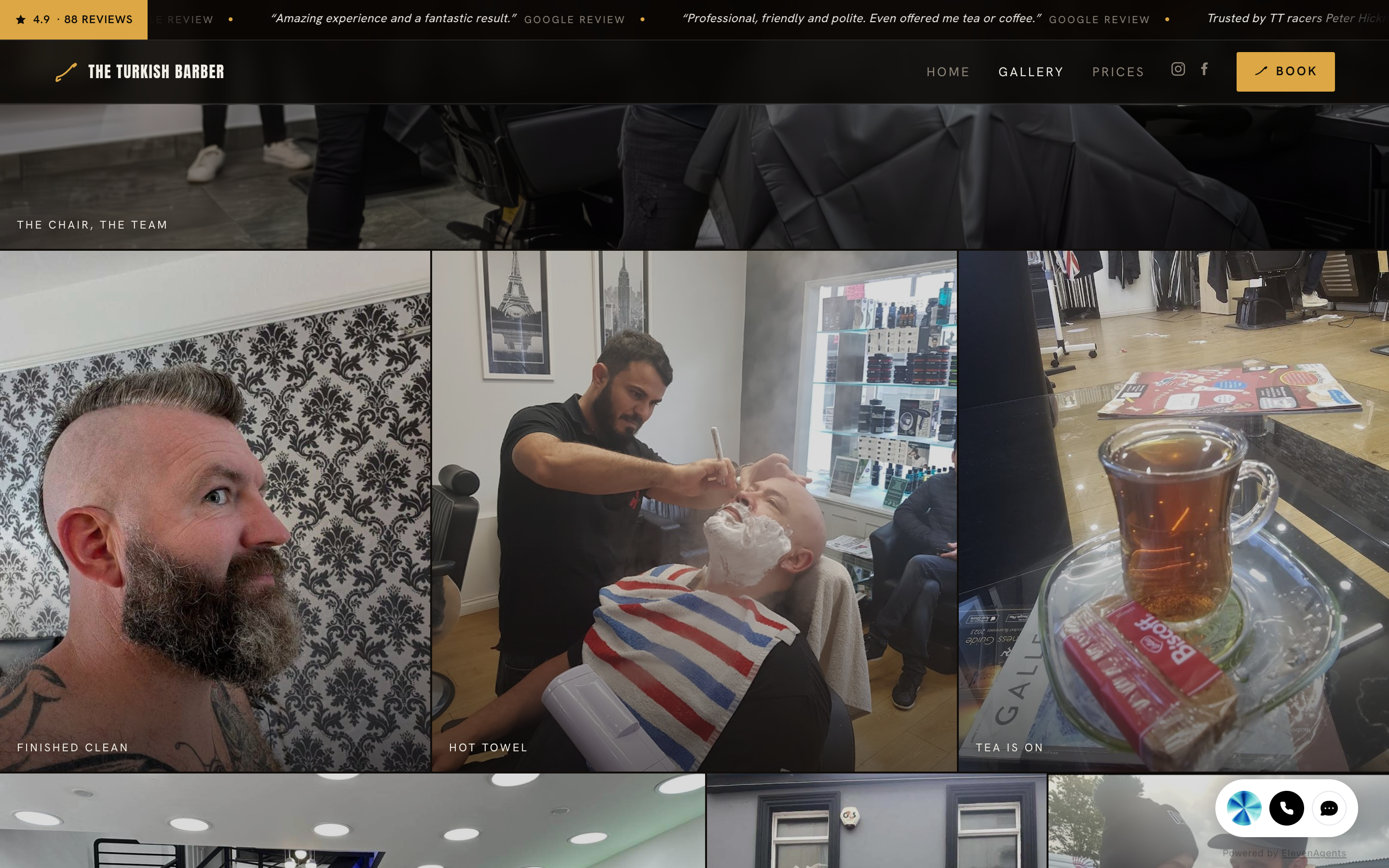 A factory-built barbershop gallery page — a grid of the shop's own photos with captions