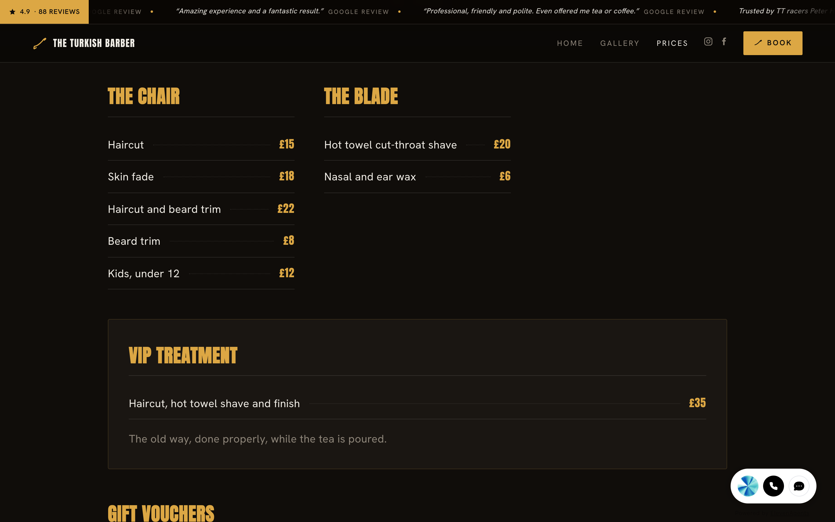 A factory-built barbershop prices page — full price lists with real prices in pounds