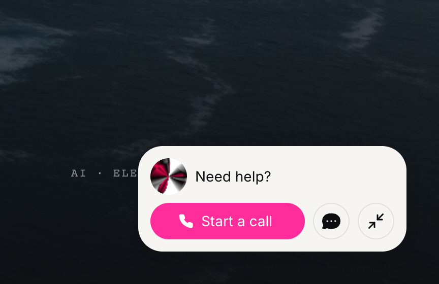 Isla's voice widget open in the bottom-right corner of this site's homepage, over the island coastline