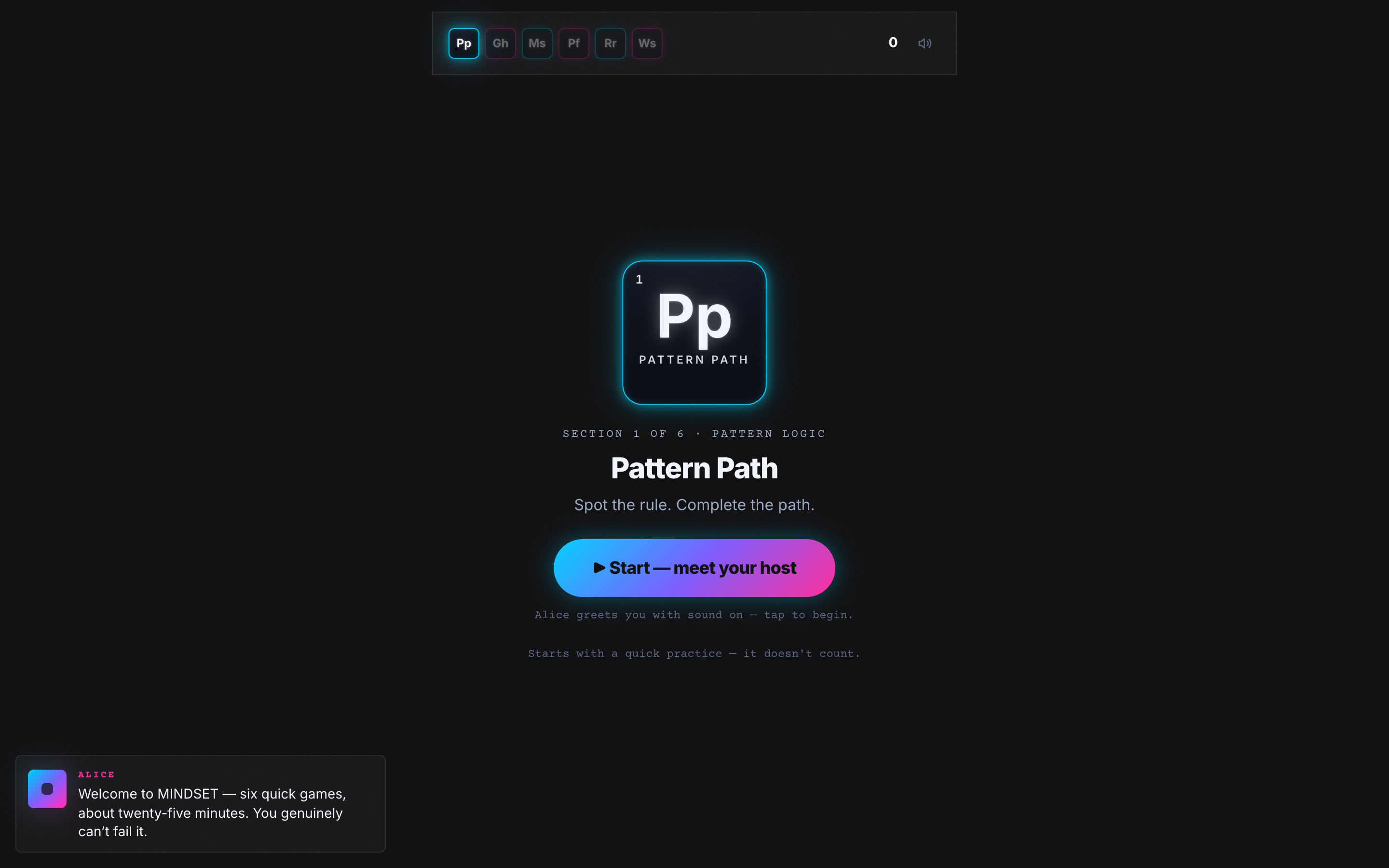 Pattern Path's opening screen in MINDSET — 'Spot the rule. Complete the path.' with Alice's welcome message
