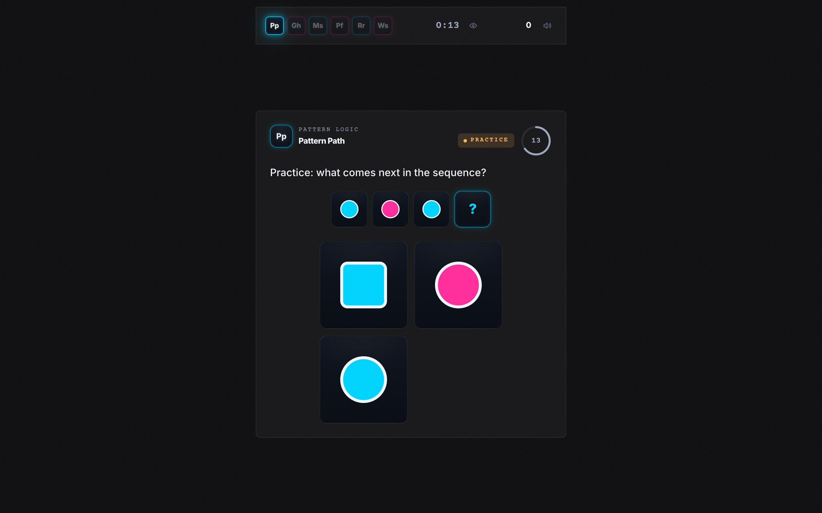 A Pattern Path practice question in MINDSET — a sequence puzzle with answer options and a timer