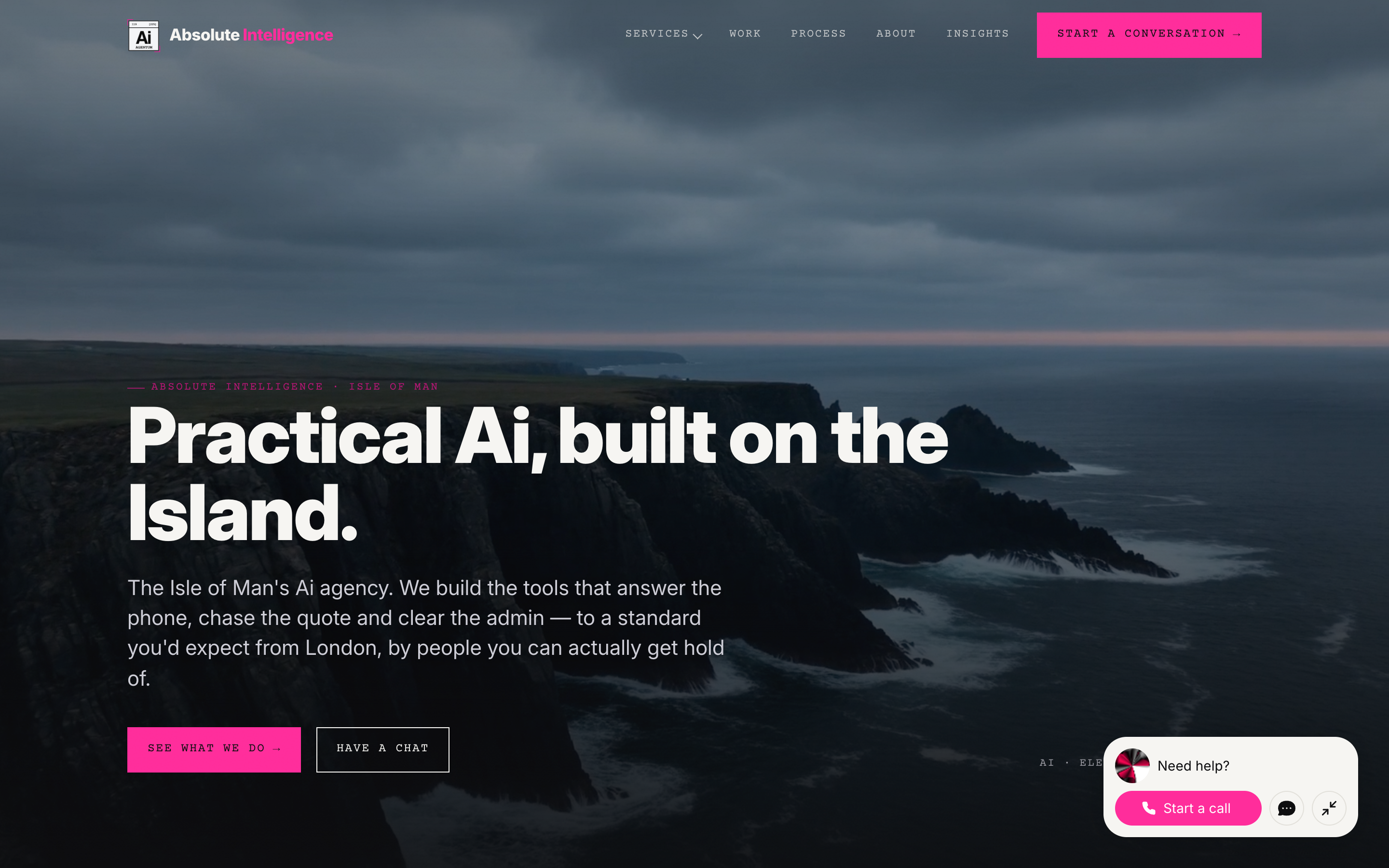 This site's homepage first fold — 'Practical Ai, built on the Island' over the island aerial video, voice widget bottom right