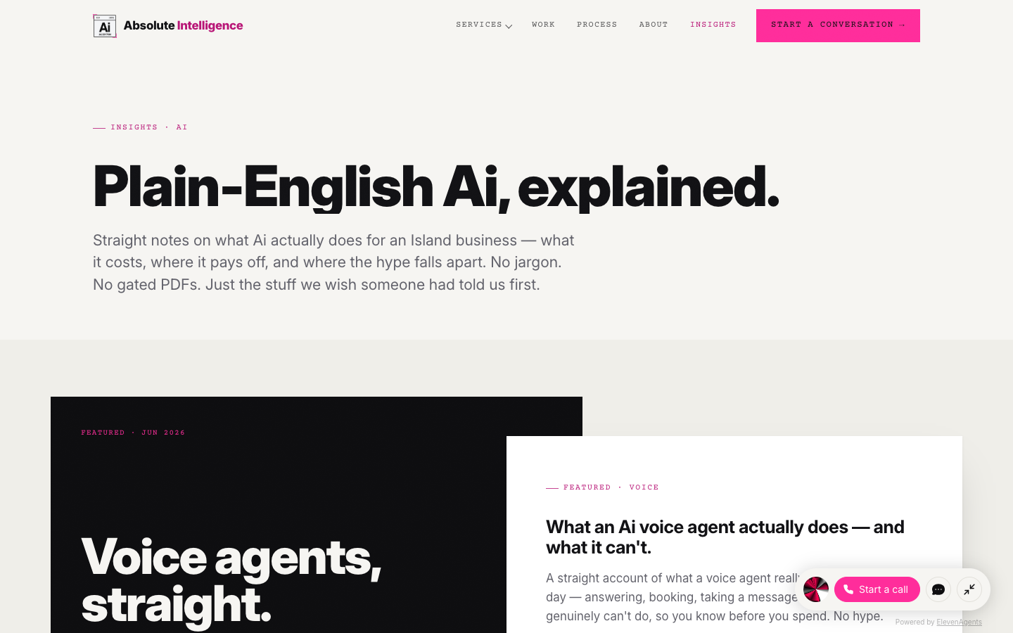 This site's insights page — 'Plain-English Ai, explained.' above the featured article