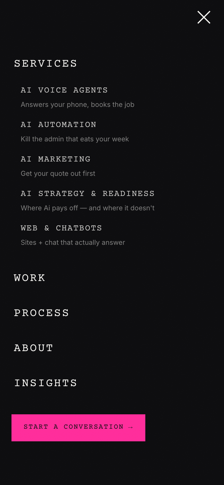 This site's menu open on a phone — services, work, process, about, insights